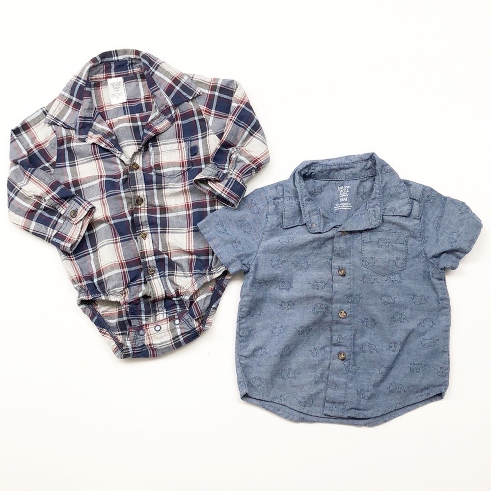 Carter's blue elephant print button up shirt + plaid button up baby boys onesie